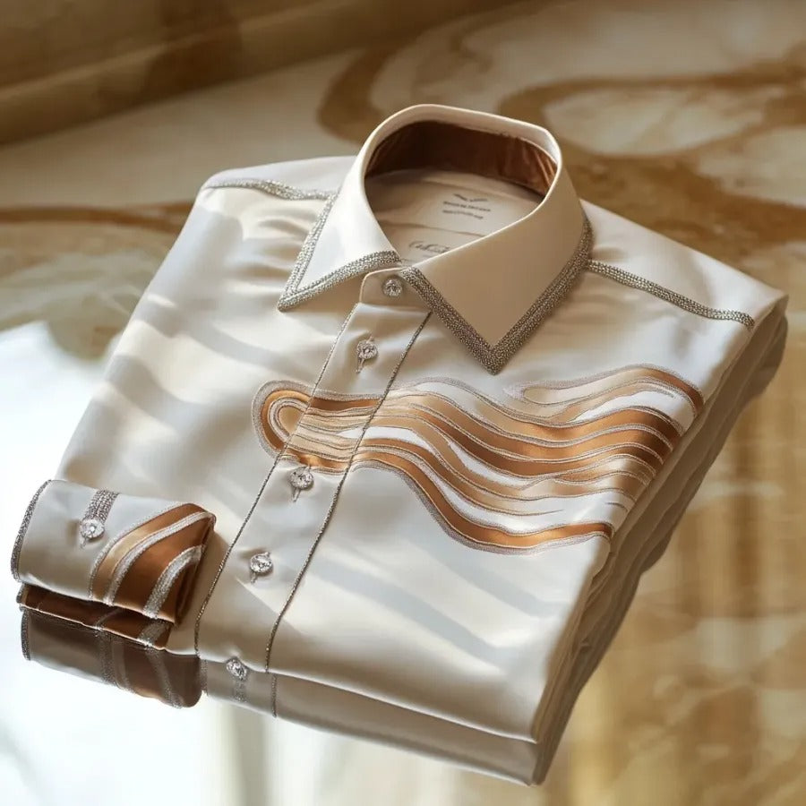 High Elasticity Soft Unique Men's Satin Luxe Print Long Sleeve Button Shirt