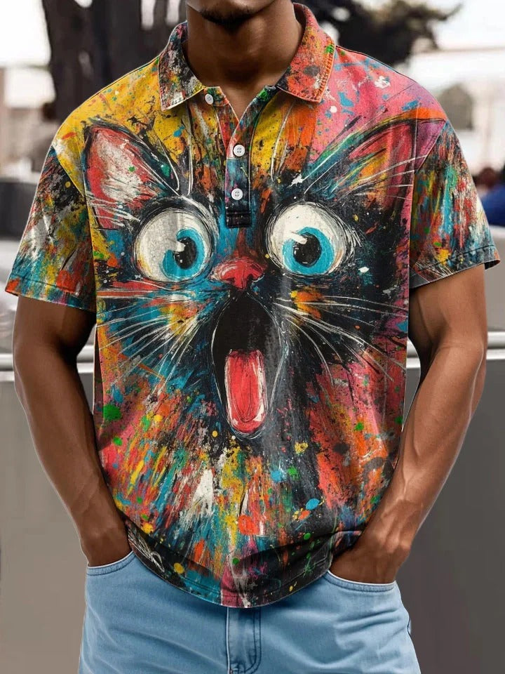 Graffiti Surprised Cat Decorative Pattern Casual Short Sleeve Polo Shirt