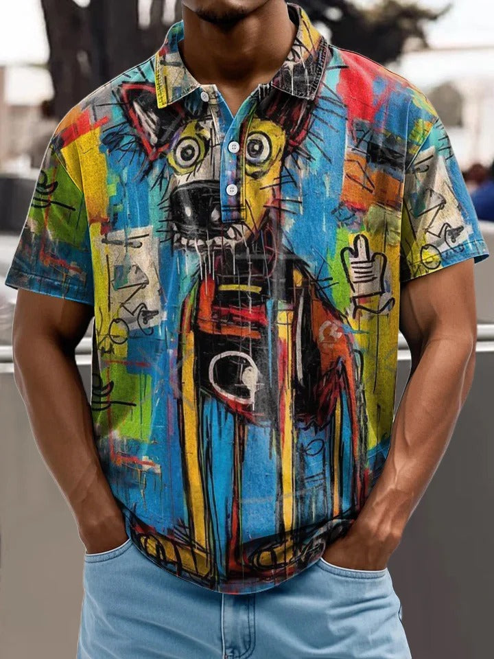 Graffiti Style Art Dog Decorative Pattern Casual Short Sleeve Polo Shirt