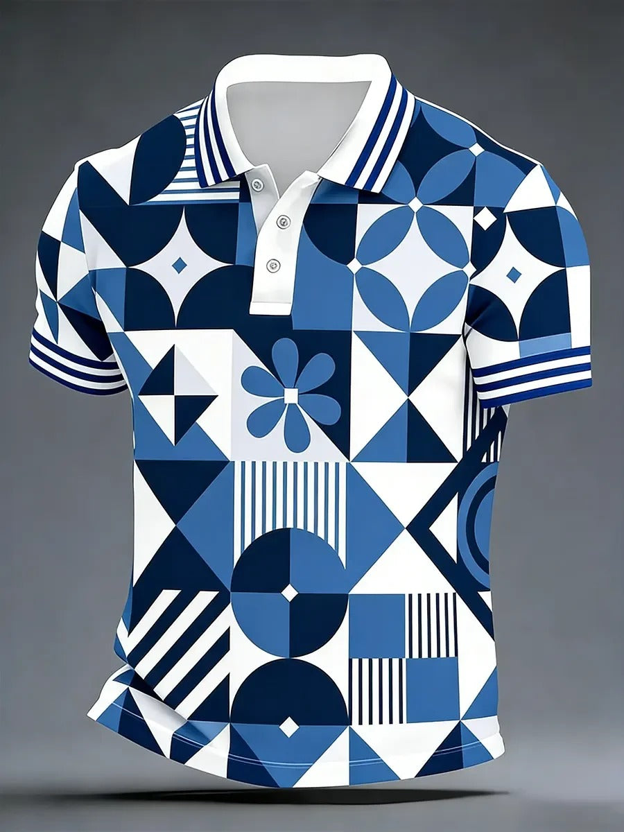 High Quality Geometric Art Print Short Sleeve Polo Shirt