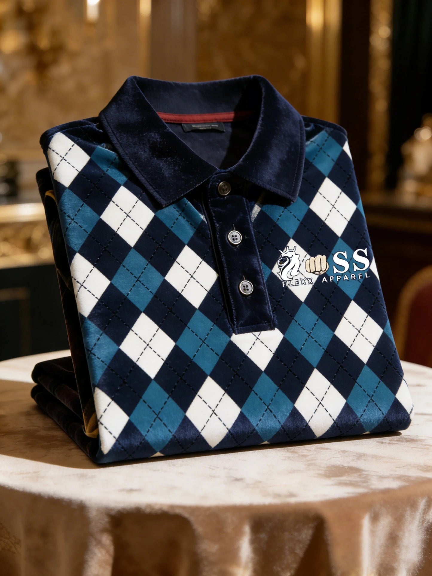 Men's Velvet Business Logo Print Long Sleeve Polo Shirt