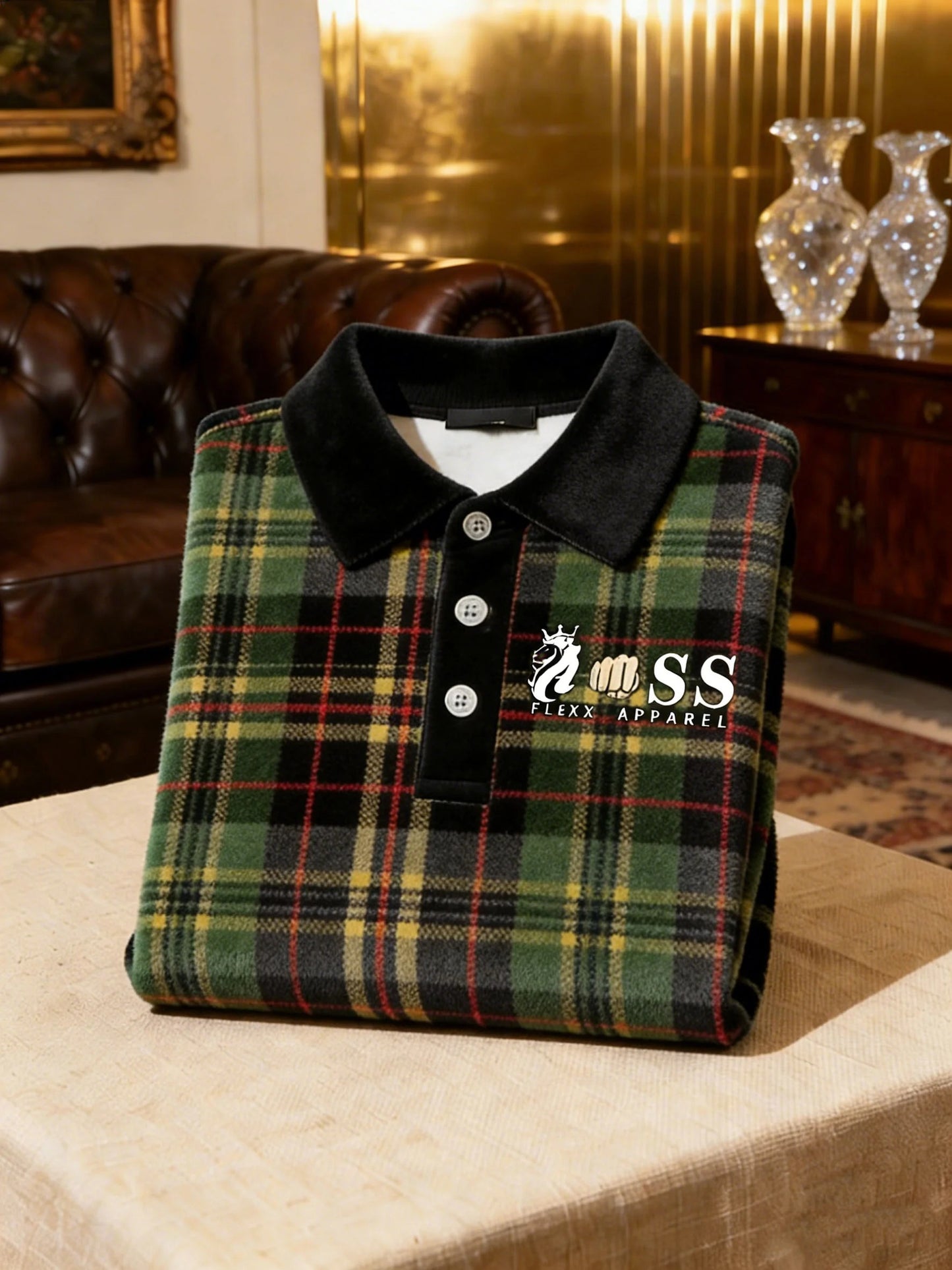 Men's Velvet Business Logo Print Long Sleeve Polo Shirt