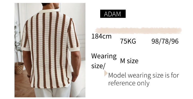 Men's Openwork Vertical Stripe Knit Polo Cardigan Short Sleeve Shirt