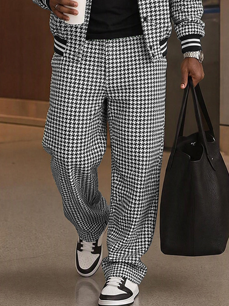 Casual Houndstooth Color Block Webbing Matching Set