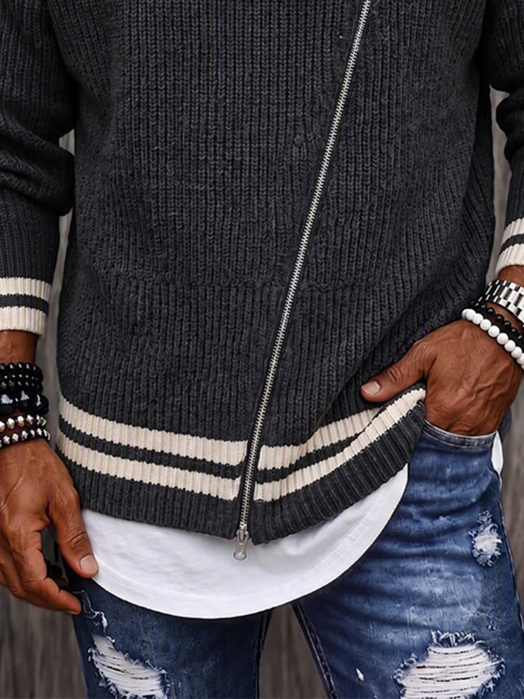 Casual Diagonal Zipper Placket Colorblock Sweater