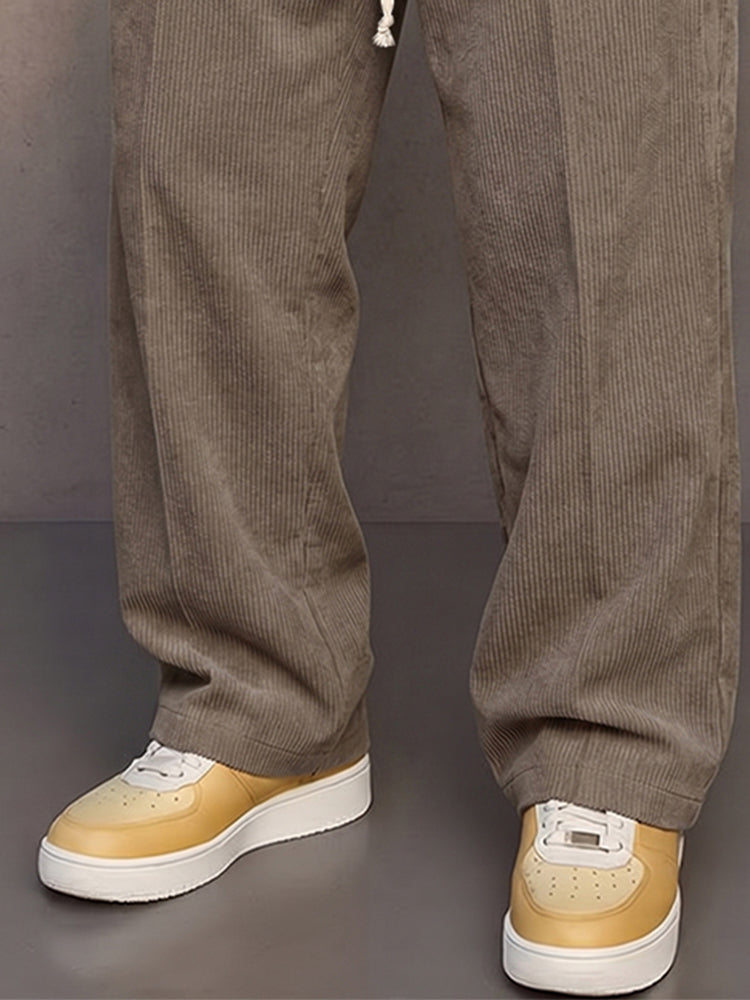 Casual Straight Cut Drawstring Corduroy Pants
