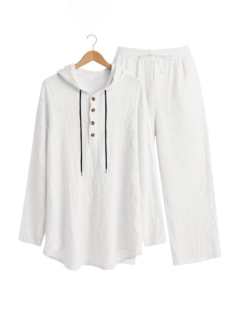 Crinkle Texture Hooded Henley and Wide Leg Pants Set