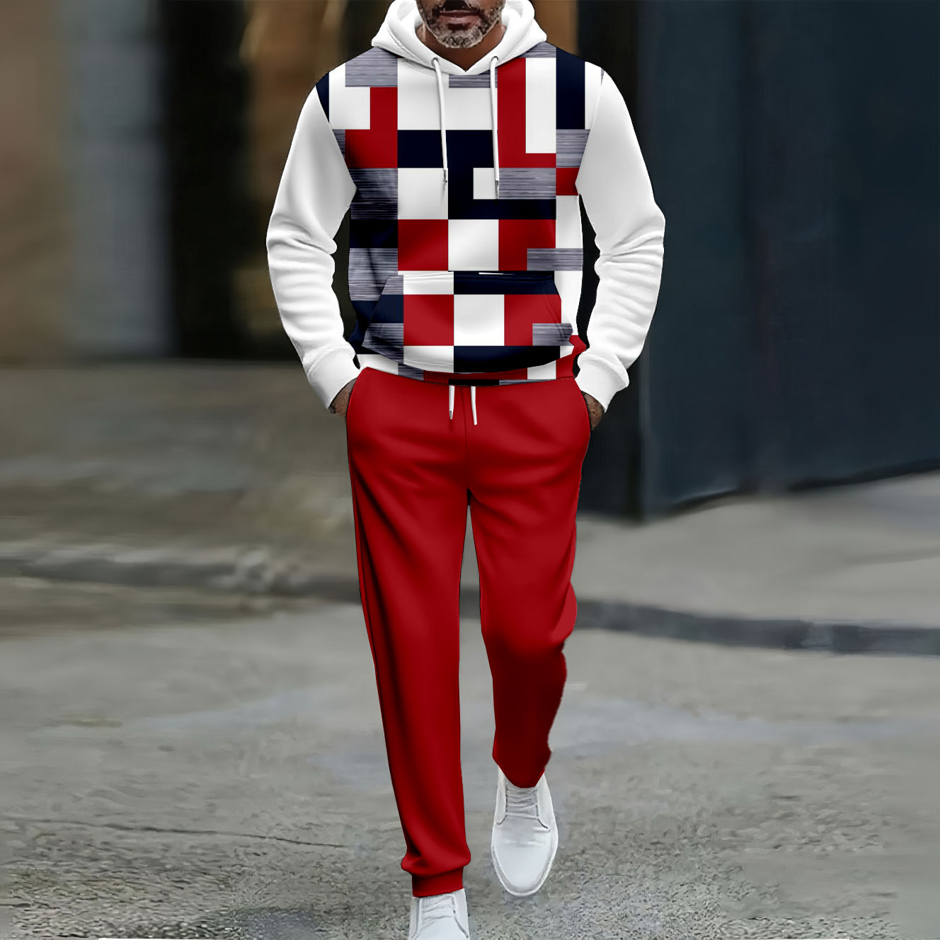 Men's Casual Color Red & White Matching Geometric Printed Hooded Long Sleeved Trousers Two-Piece Set