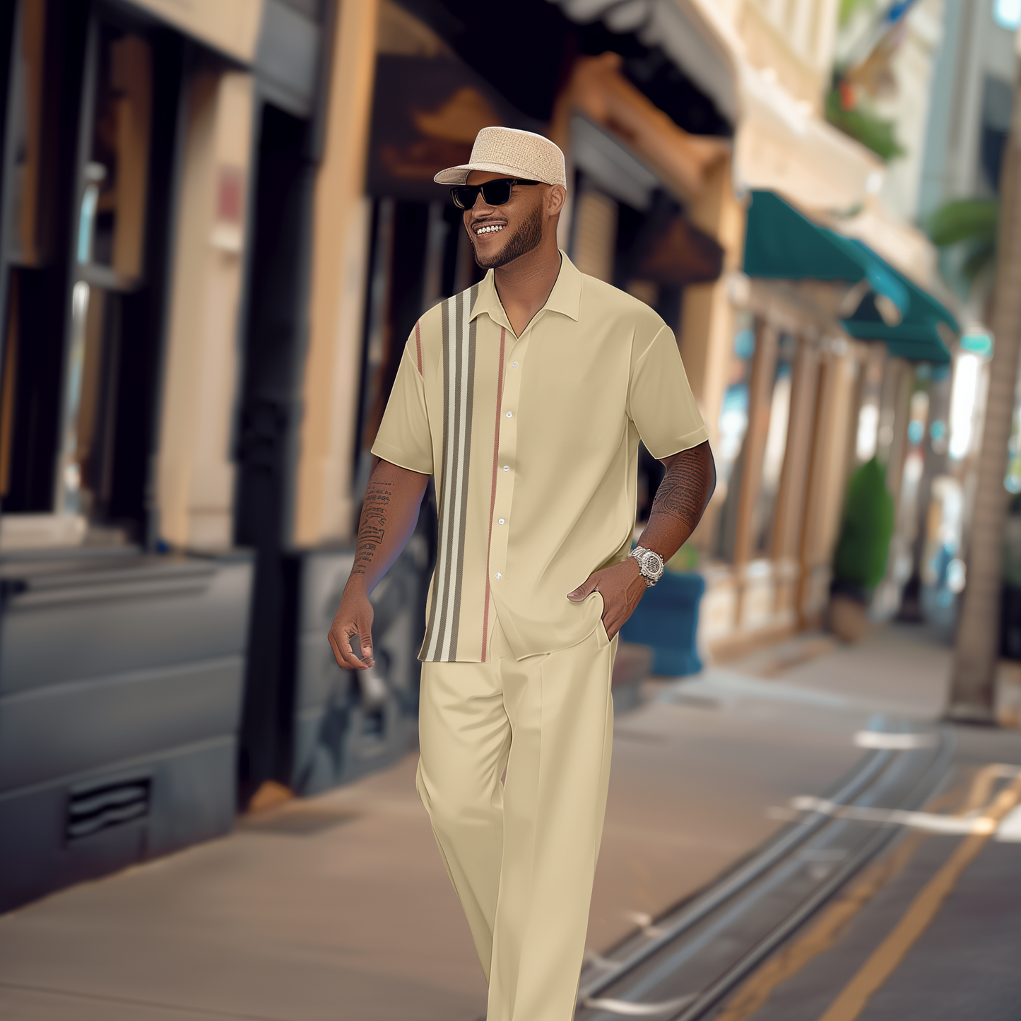 Men's Gorgeous Color Block Short Sleeve Shirt Walking Suit 1156