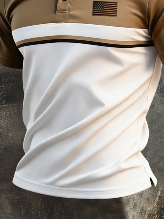 Men's Retro Patriotic Color-Block Short-Sleeve Polo Shirt