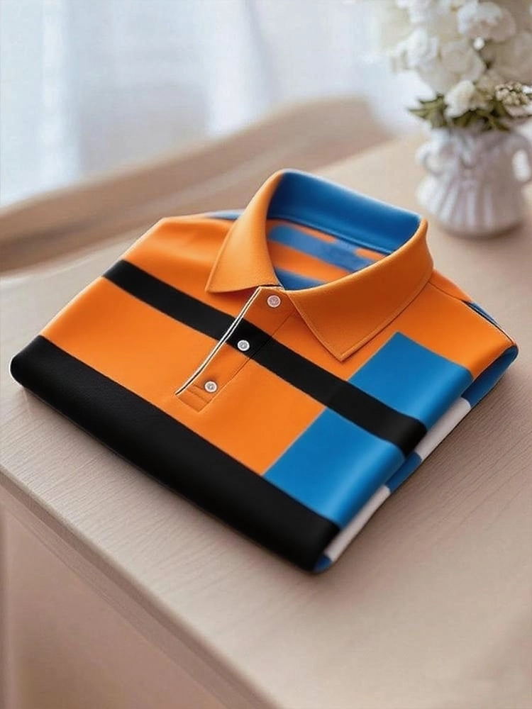 Men's Smart Casual Color Block Logo Button Short Sleeve Polo Shirt