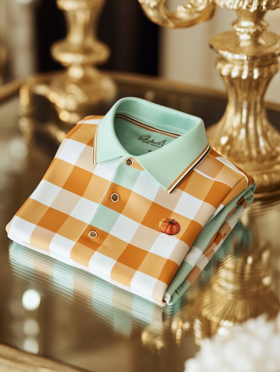 Men's Classic Business Check Halloween Pumpkin Logo Button Short Sleeve Polo Shirt