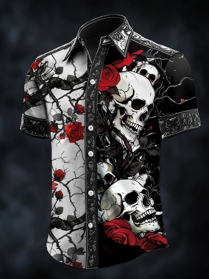 Men's Casual Fashion Dark Pattern Cross Crow Contrast Satin Shirt