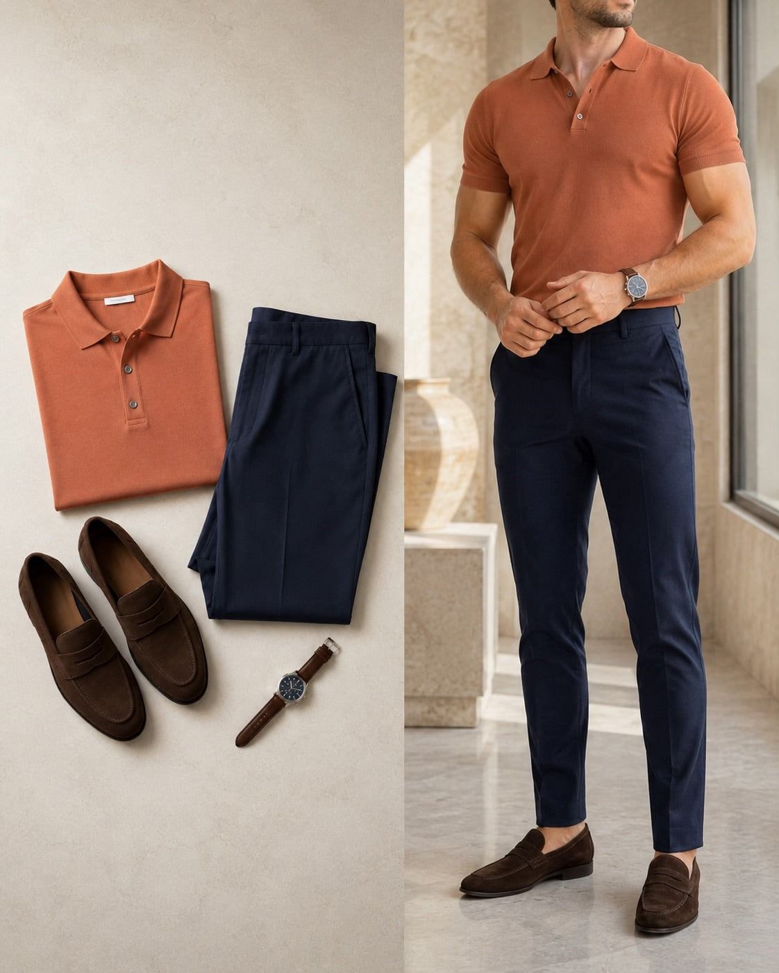 Men's Casual Orange Color Short Sleeves Polo Shirt & Jeans Pants Two Piece Set