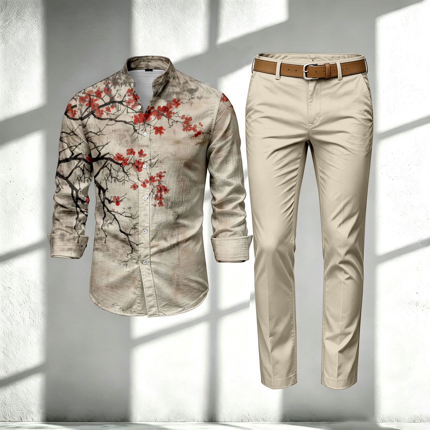 Men's Plum Blossom Print Stand-Collar Long-Sleeve Shirt and Pants Set