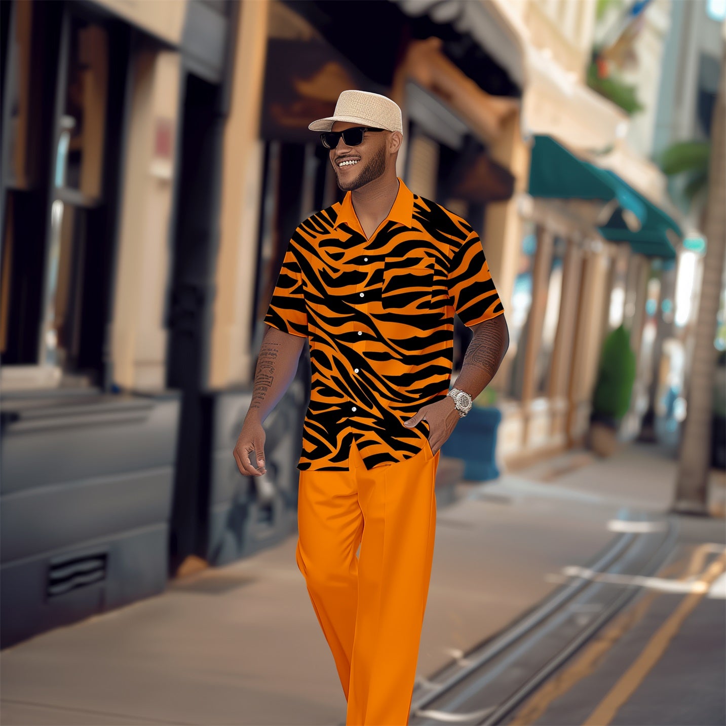 Men's Retro Tiger Pattern Colorblock Short Sleeve Shirt Walking Suit 1653