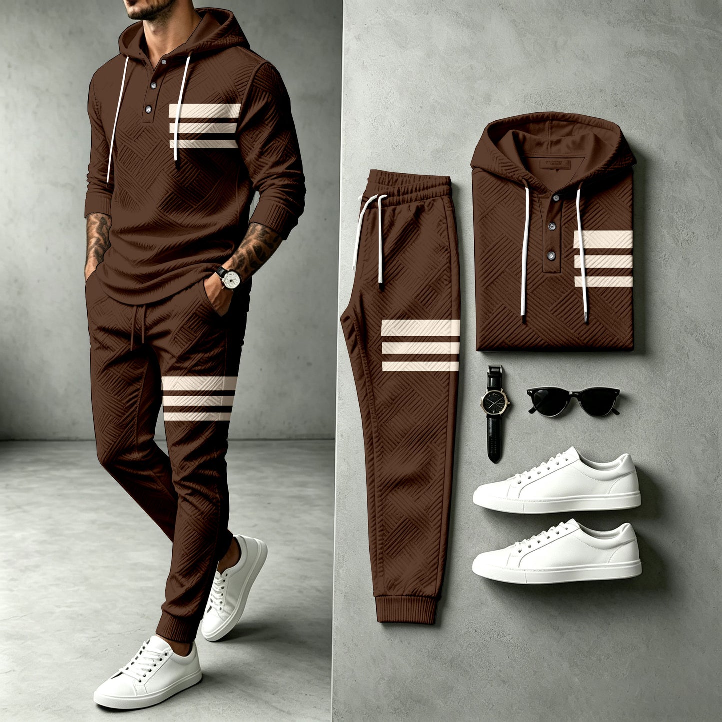 Men's Brown Hooded Sweatshirt and Pants Set
