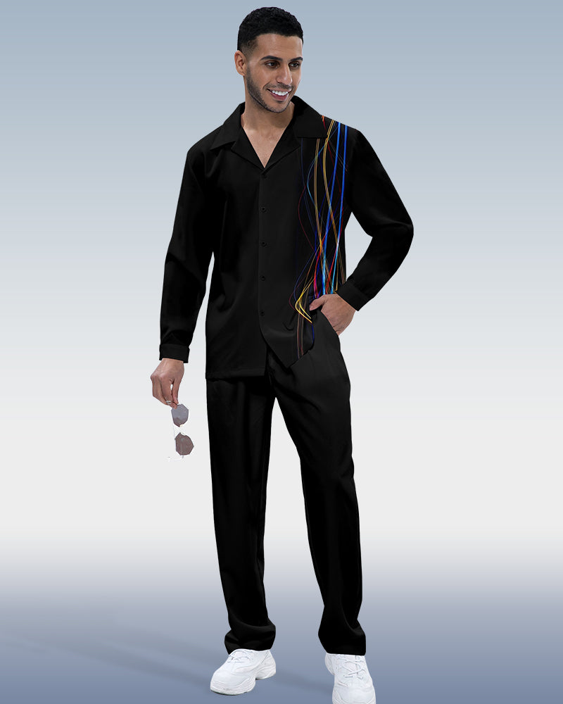 Suitmens Men's Black Printed Long Sleeve Shirt Walking Suit 324