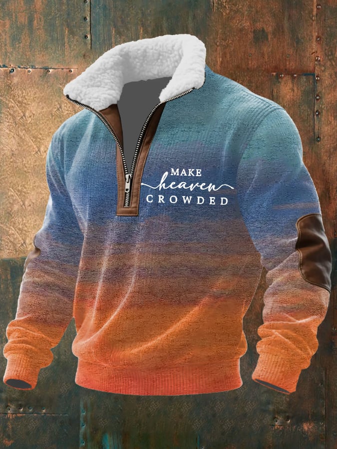 Men's Vintage Faith “Make Heaven Crowded �?Printed Zip Fur Collar Long Sleeve Textured Sweatshirt