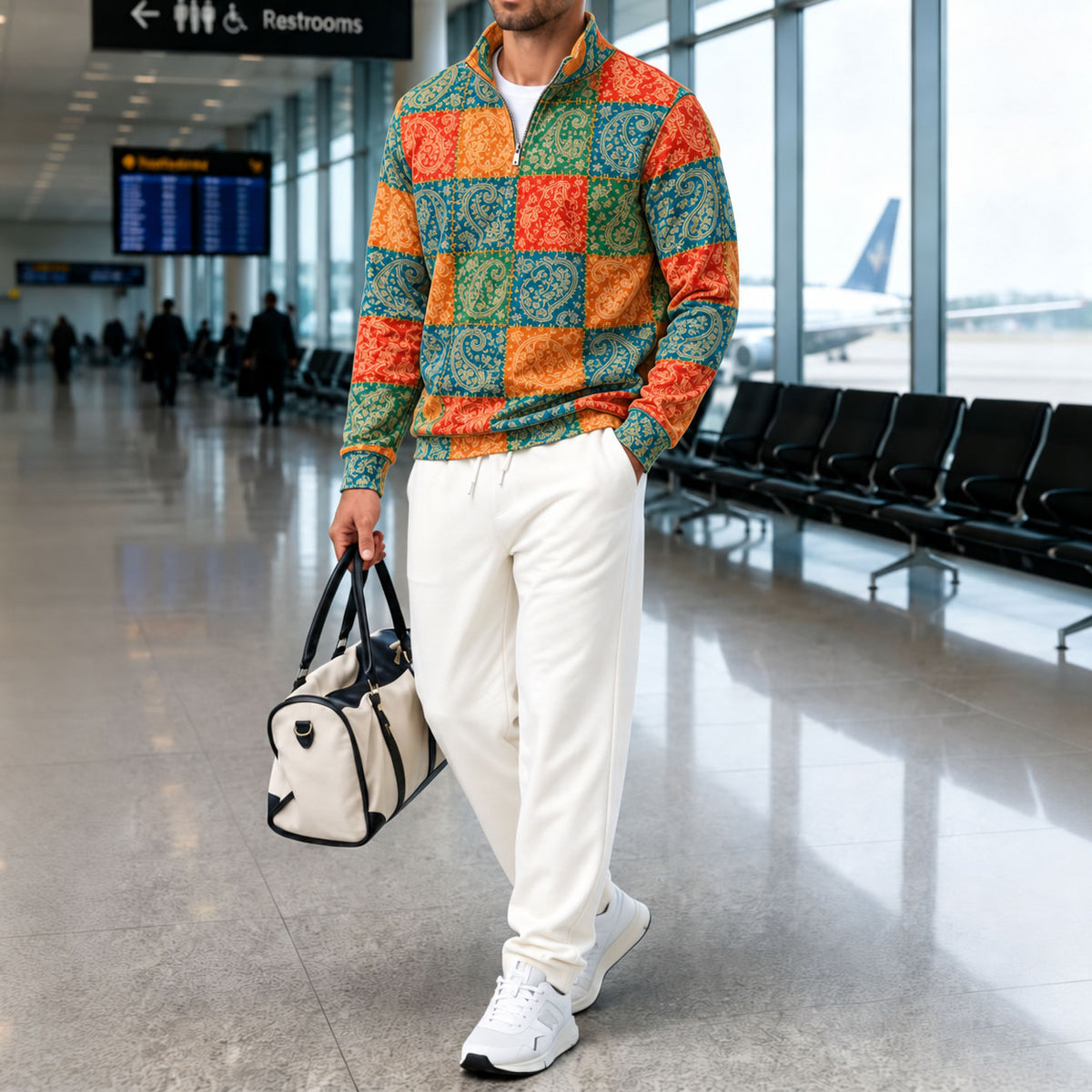 Men's Patchwork Checkered Stand-Up Collar Long-Sleeve Shirt and Pants Set