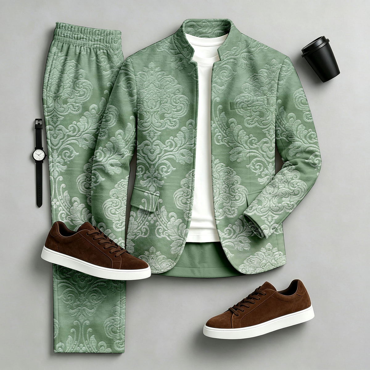Men's Printed Stand-Collar Jacket and Pants Set