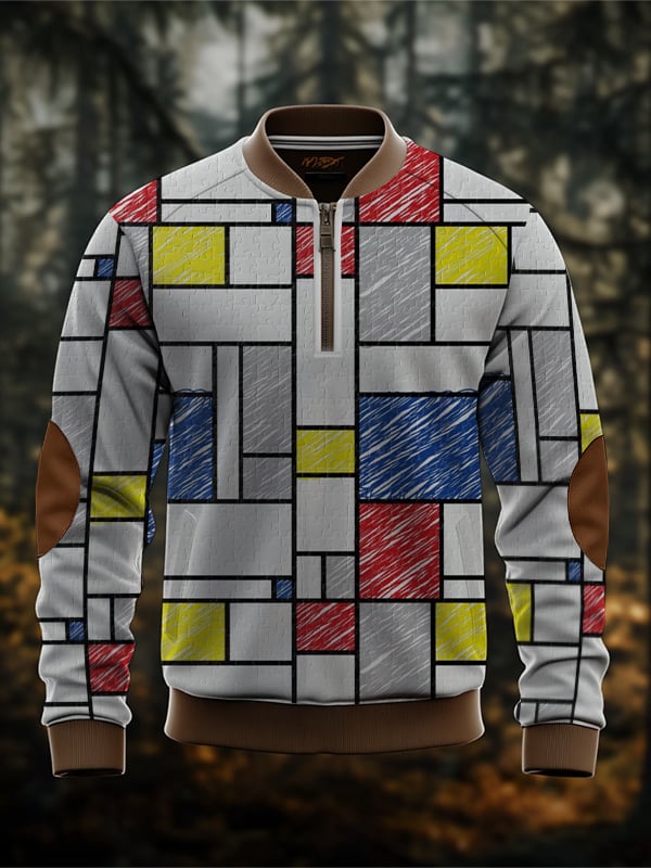 Men's Retro Mondrian Color Block Print Zip Collar Sweatshirt