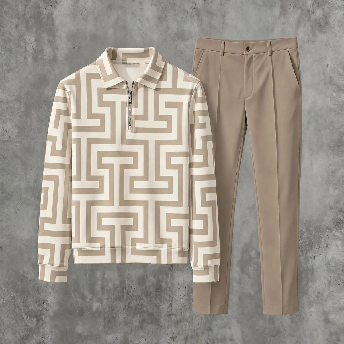 Men's Printed Zipper Polo Shirt and Pants Set