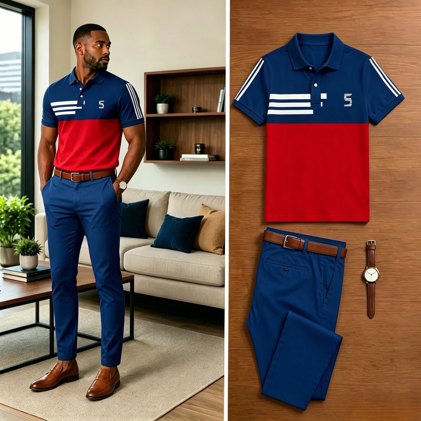 Men's Casual Contrasting Printed Polo Shirt And Pants Two-Piece Set