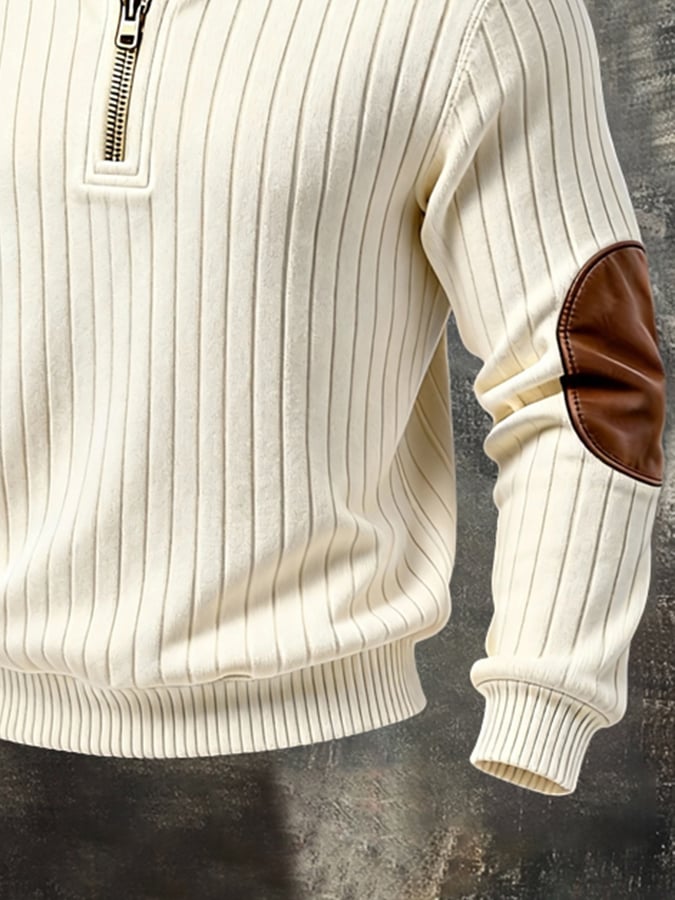 Men'S Vintage-Style Textured Patchwork Color-Block Long-Sleeved Sweatshirt