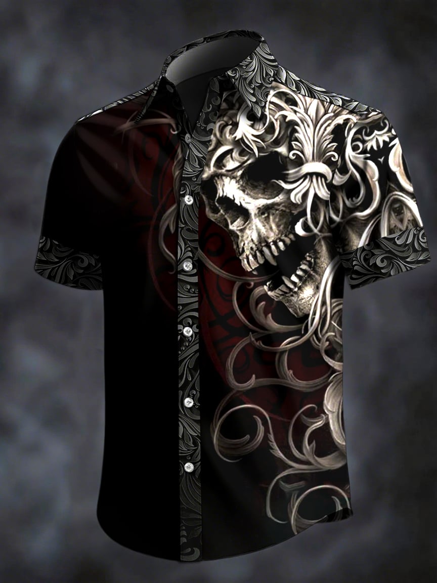 Men's Retro Horror Skull Print Lapel Short Sleeve Shirt