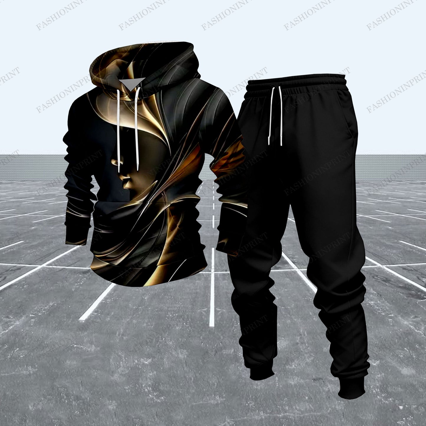 Men's Casual Gold & Black Pattern Hoodies Long-Sleeve Sweatshirts & Sweatpants Two-Piece Set