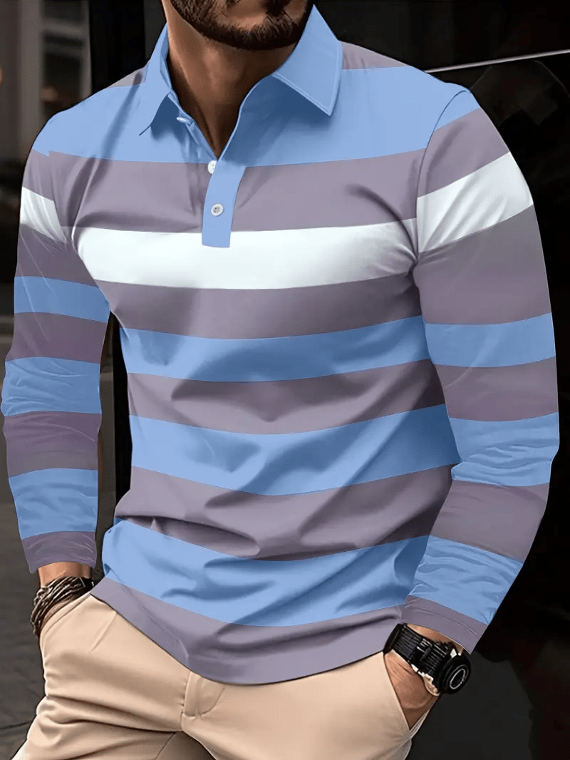 Men's Business Casual Striped Long Sleeve Polo