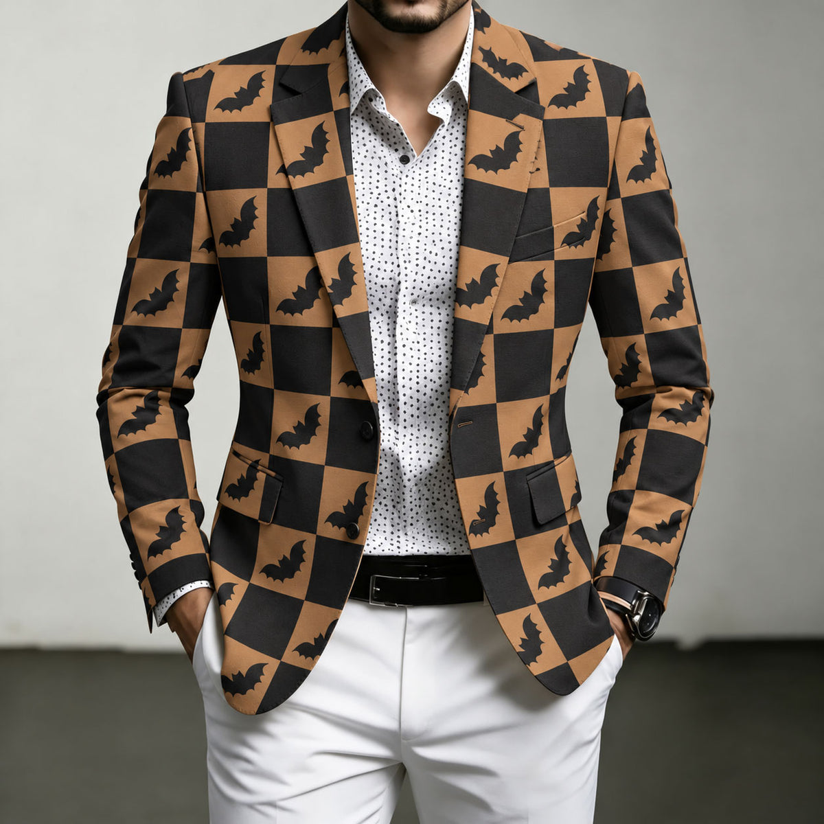 Men's Checkered Bat-Print Casual Blazer