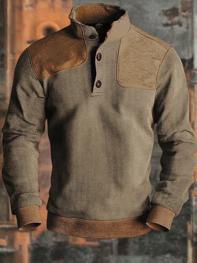 Men'S Casual Retro Contrast Color Stand Collar Long Sleeve Sweatshirt