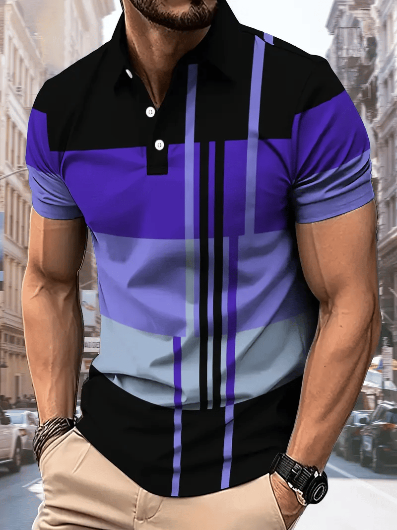 Men's Business Stripe Lettering Button-Down Polo Shirt