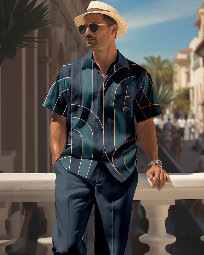 Men's retro colorblock short-sleeved shirt walking Suit 1652