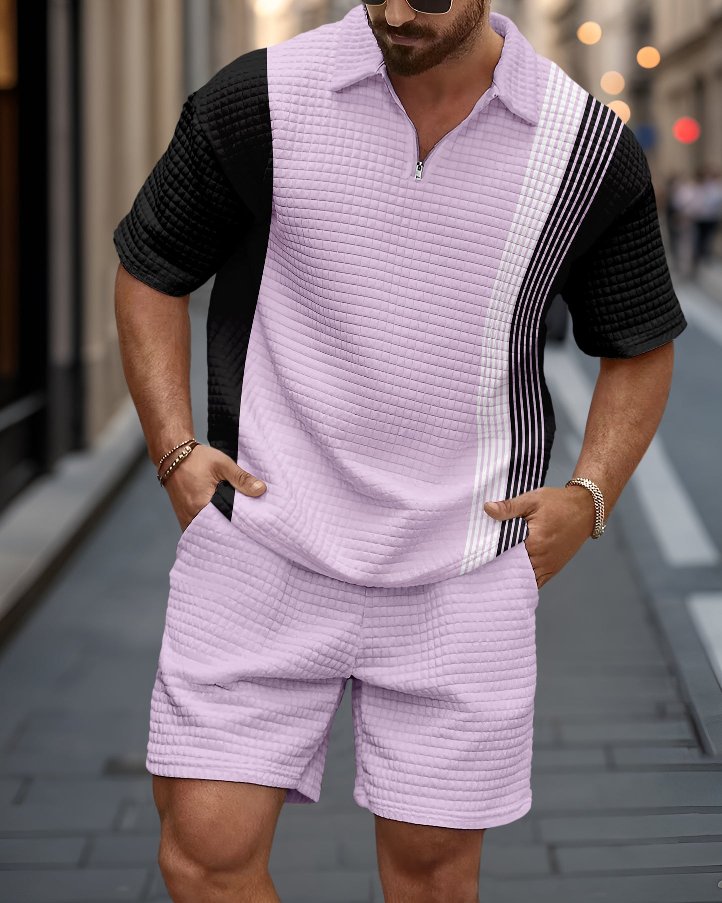 Men's casual waffle texture summer Polo Set 028