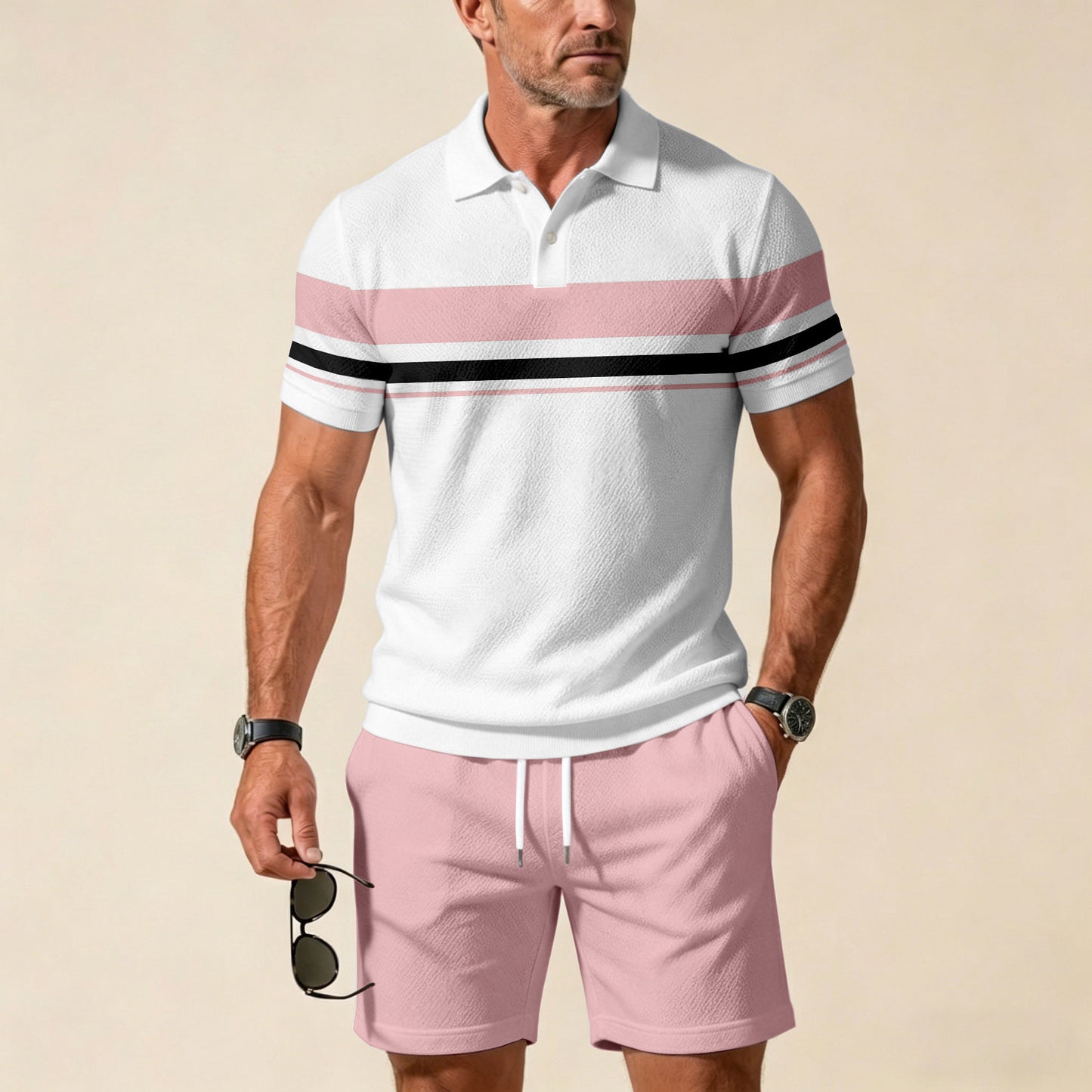 Men's Casual Blue & Pink Geometry Color Matching Printed Short Sleeved Zipper Polo Shirt & Shorts Two-Piece Set