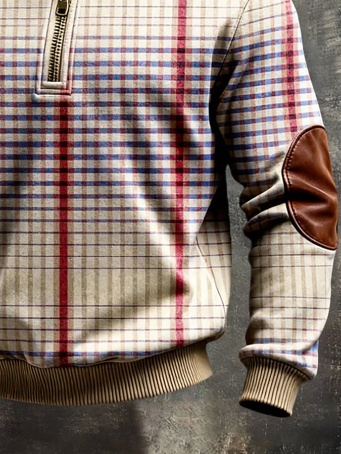 Men's Retro Color Block Print Color-Blocked Zip-Up Sweatshirt