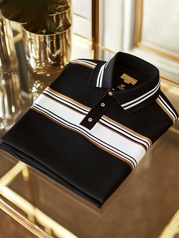 Men's Retro Business Stripe Print Long Sleeve Polo Shirt
