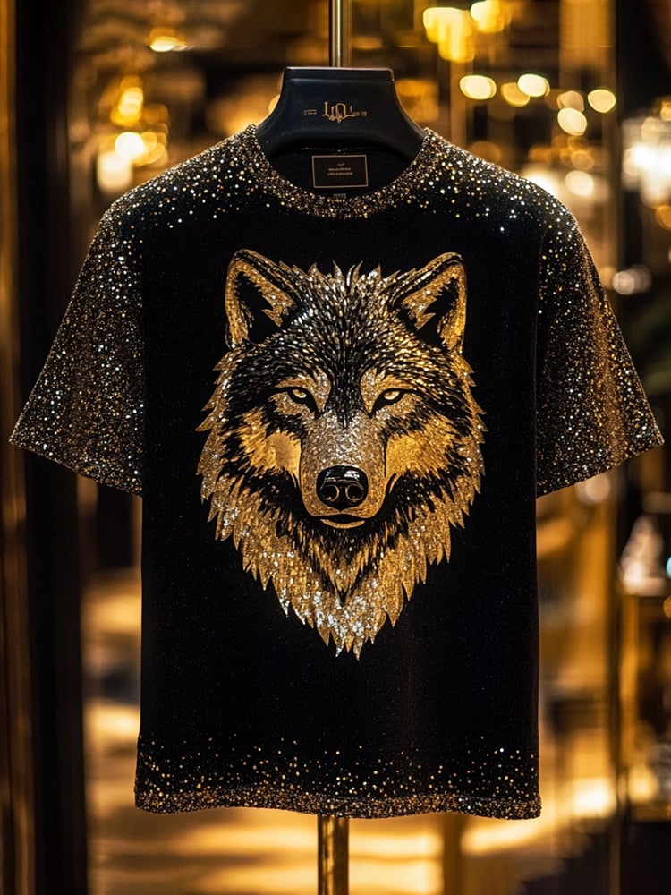 Men's Sequin Business Wolf Print Short Sleeve T-Shirt