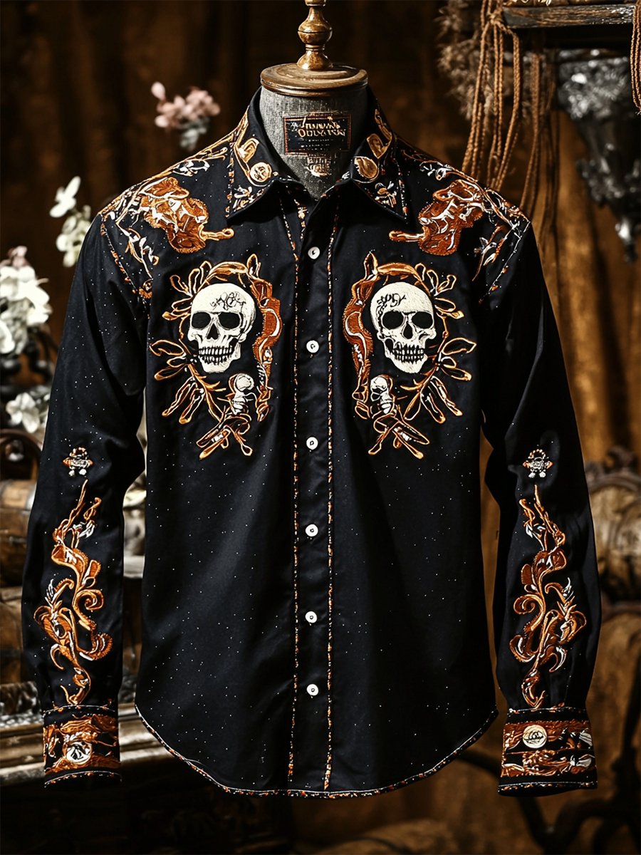Men's Retro Casual Skull Print Long Sleeve Shirt