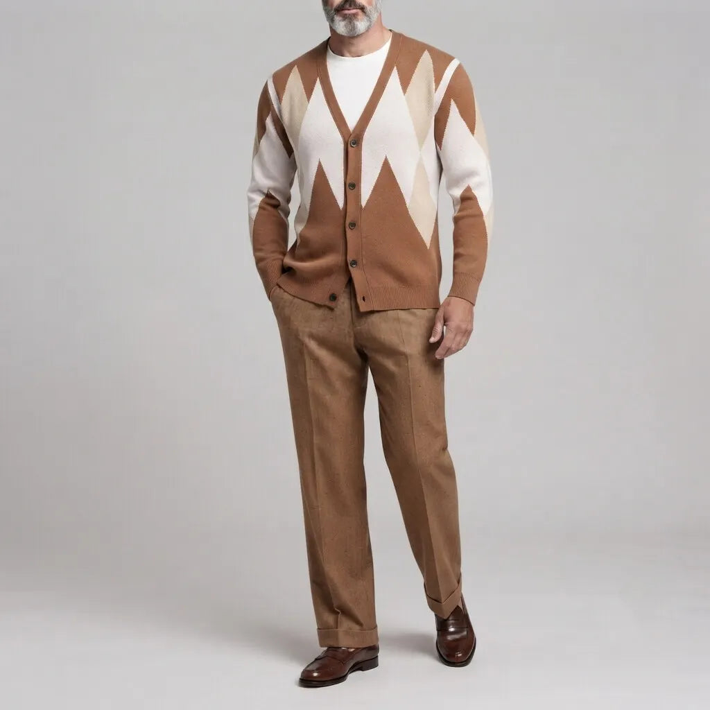 Men's Vintage Brown Argyle Pattern V Neck Button Up Long Sleeve Knit Cardigan