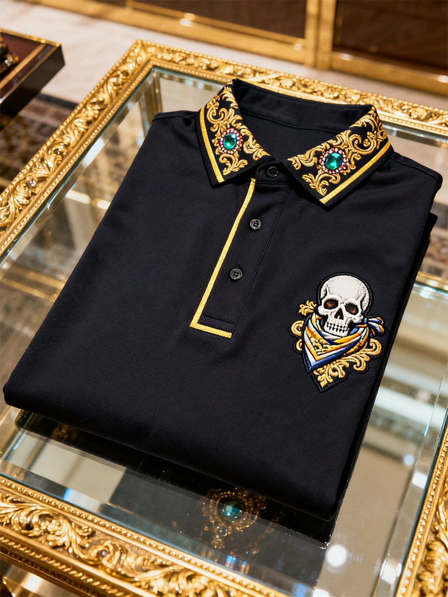 Men's Vintage Business Skull Long Sleeve Polo Shirt