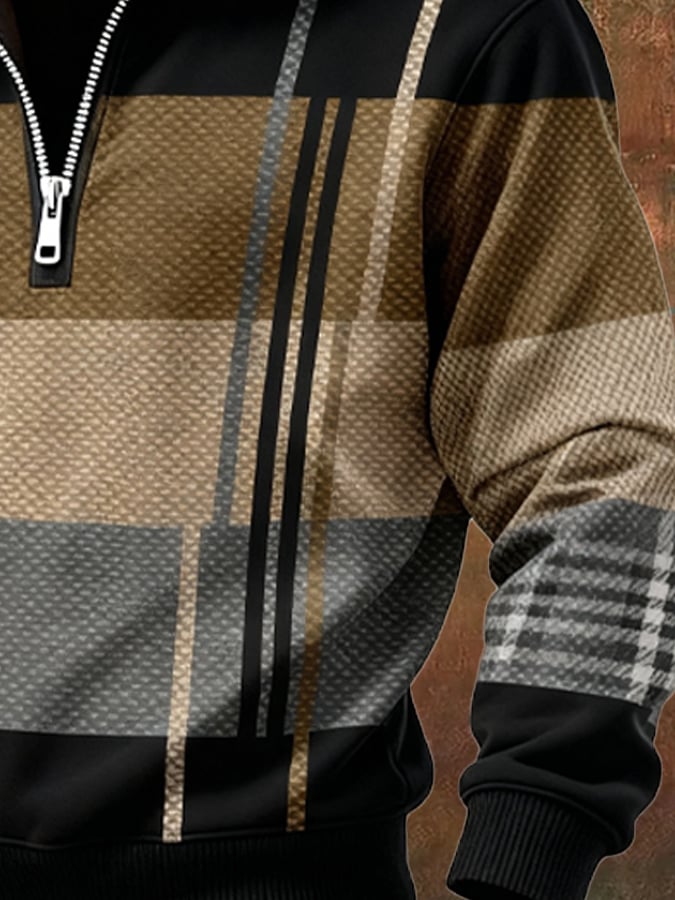 Men's Retro Color Block Print Casual Fur Collar Sweatshirt