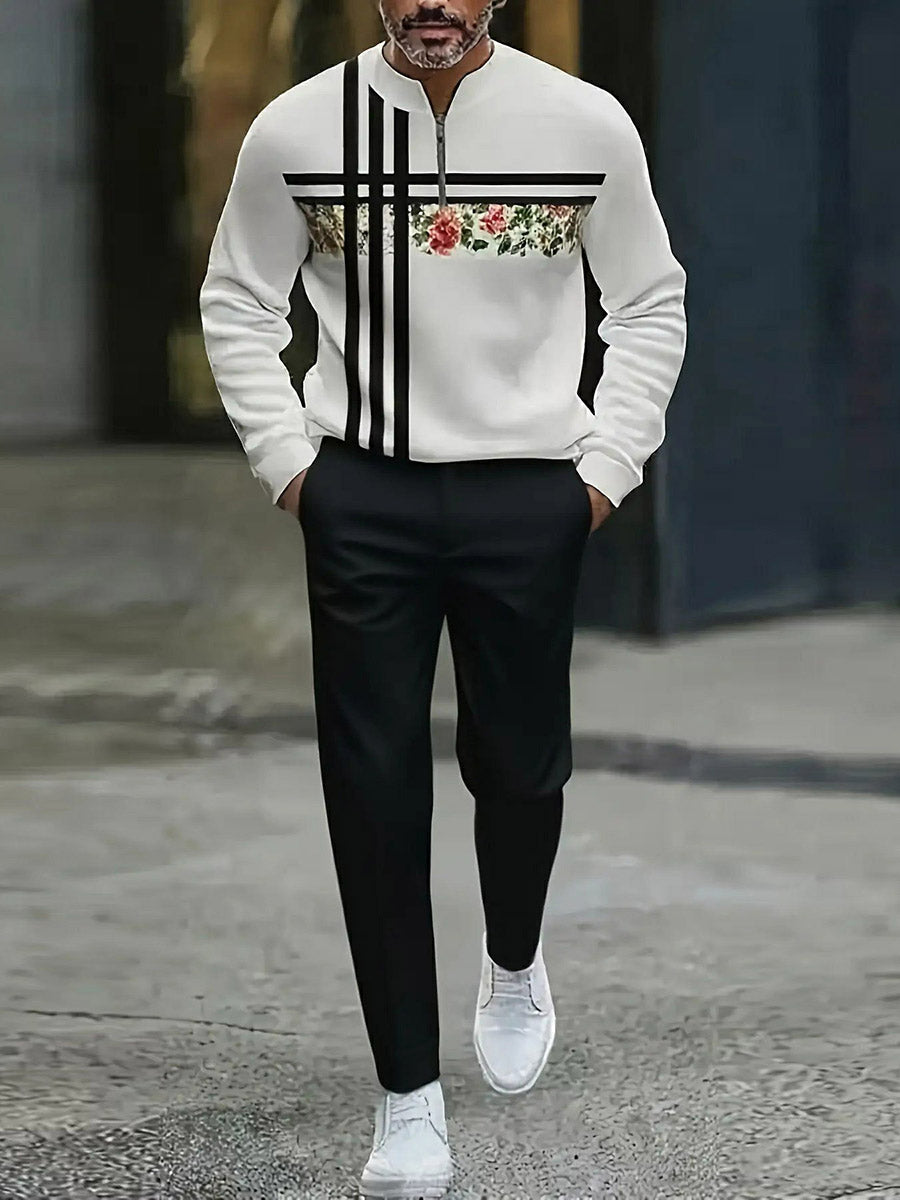 Men's Casual Black & White Color Matching Geometric Printed Round-Neck Zipper Long Sleeved Sweatshirt & Trousers Two-Piece Set
