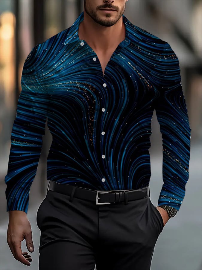 Men's Classic Business Plaid Stripe Print Long Sleeve Shirt