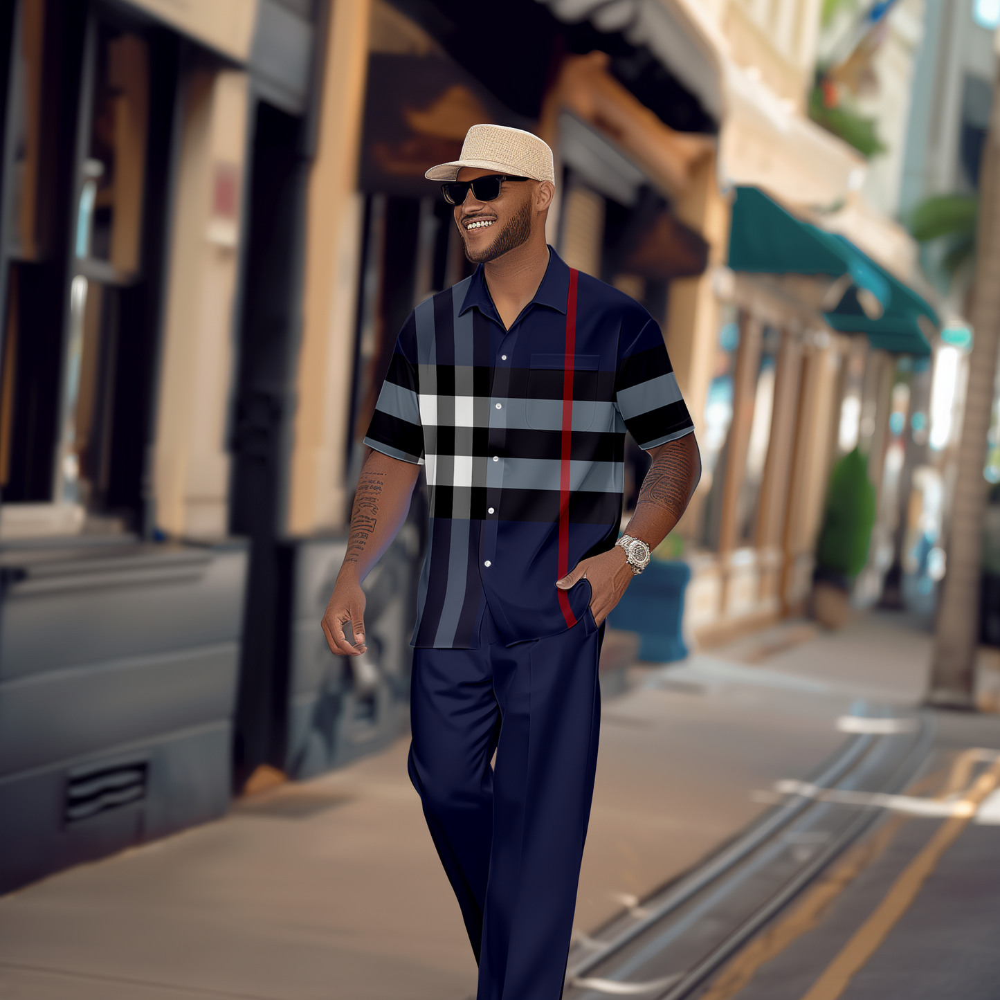 Men's Gradient Color Block Short Sleeve Shirt Walking Suit 1160
