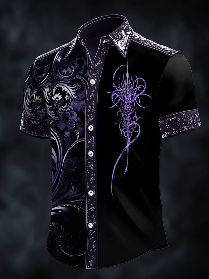 Men's Casual Fashion Dark Pattern Cross Contrast Satin Shirt