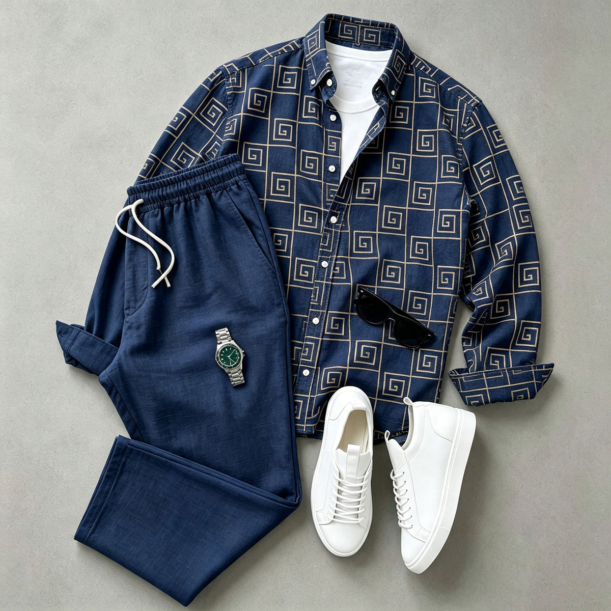 Men's Long-Sleeve Shirt and Pants Set with Swastika Print
